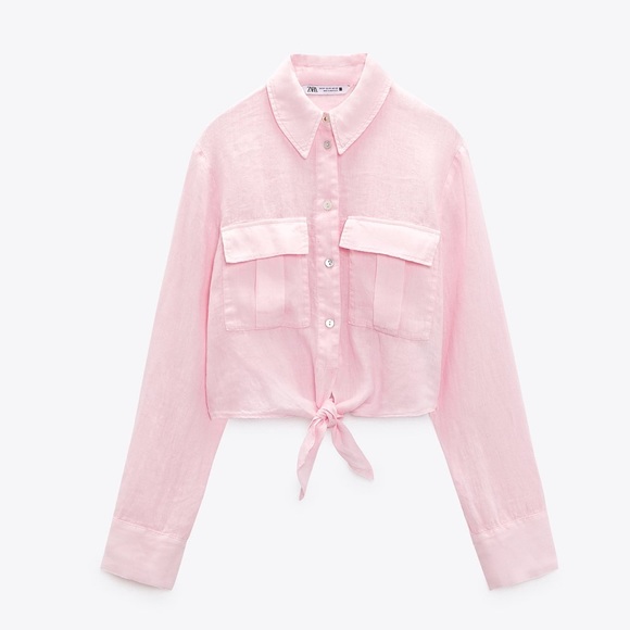 Zara cropped pink button down linen top - Picture 1 of 6